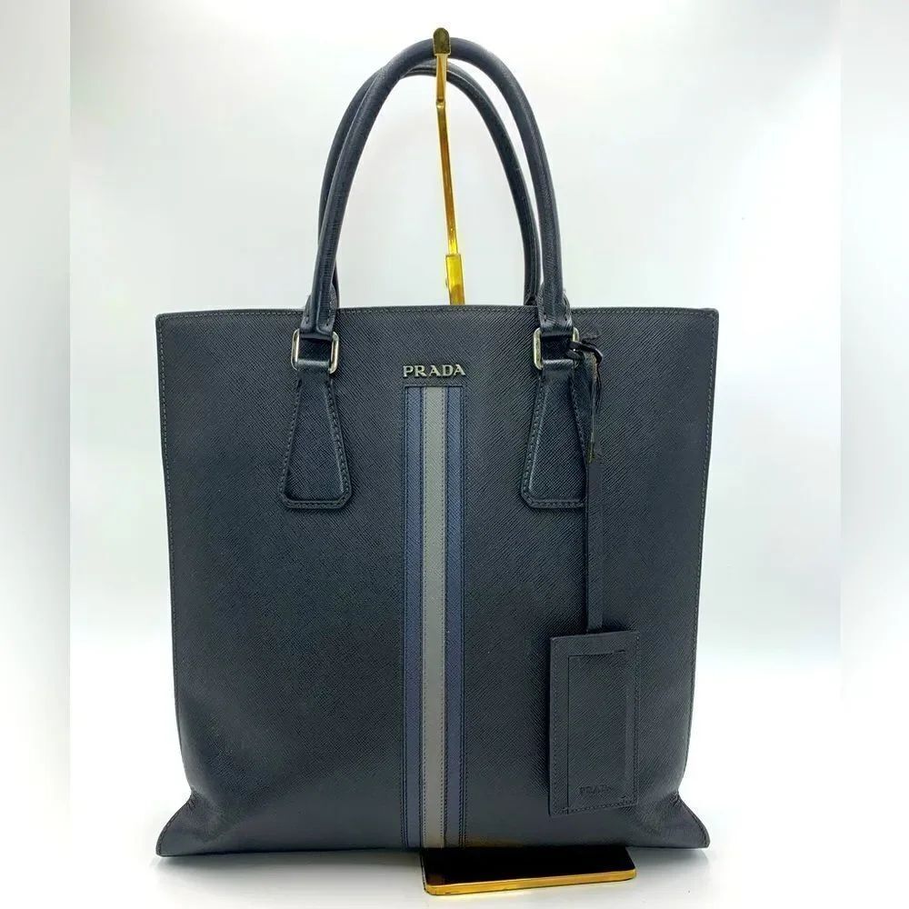 Auth Prada Black Saffiano Leather Web Blue Gray Stripe Travel Tote Preloved